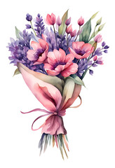 Bouquet of pink purple spring flowers, isolated png illustration 