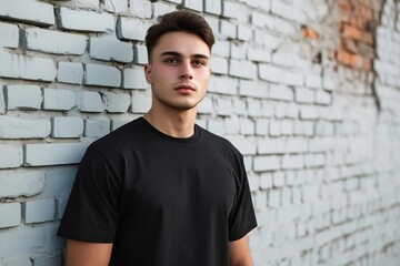 Fototapeta premium Stylish young male model in a black t-shirt mockup Urban streetwear fashion Casual look