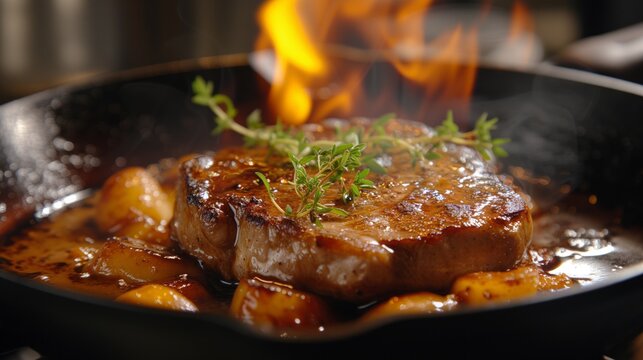 Close-up of Pork chop in smoked roux stock photo, melting pots, dark amber. food photography