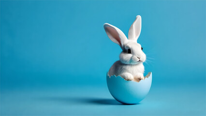 Cute Rabit hatching from blue Easter egg isolated on pastel blue background. Easter celebration. Happy easter