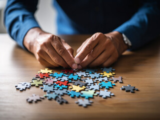 A person diligently connecting puzzle pieces together to solve a complex problem or situation.