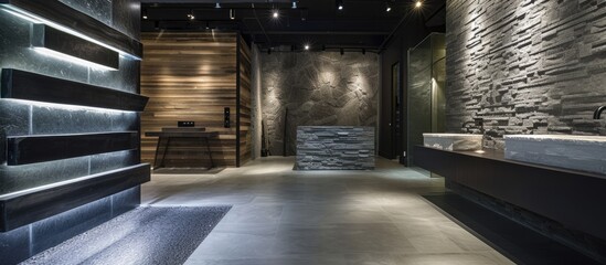 Fototapeta premium Contemporary studio space featuring grey decorative stone walls, wood and tile elements, along with LED lighting.