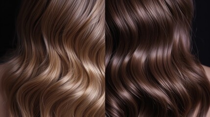 Fototapeta premium From tousled to polished: a side-by-side comparison of brunette hair, highlighting the stark contrast between natural texture and professional styling