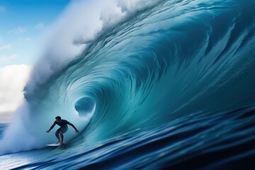 Surfer in the ocean with a surfboard. Surfer in ocean wave. Surfer on blue ocean wave. Sport concept. Vacation and Travel Concept with Copy Space. Surfer on blue ocean wave. 