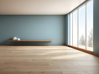 Fototapeta na wymiar Eempty room with a wooden floor design. Empty room interior with arch entrance. Modern 3d living room, office or gallery with wooden floor, shadows and sunlight from window-on-wall design.