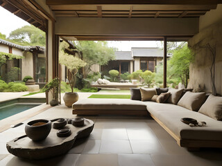 Generative KI Wohnzimmer im Wasi Basi Style mit Blick in den Garten mit Pool