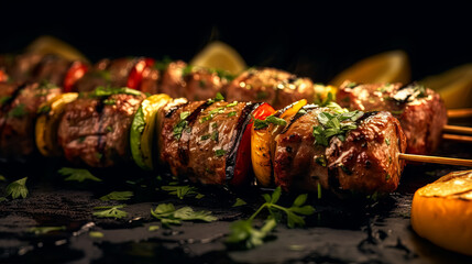 Grilled skewers of succulent meat and vibrant vegetables showcased against a dark background.