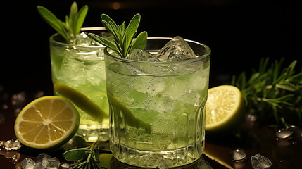 Delicious lemon cocktail with rosemary in a glasses. Citrus and rosemary fresh lemonade in glass on a white table at home, summer drink, detox healthy water.