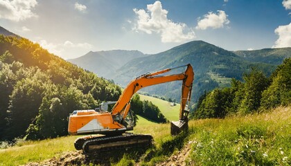 An orange excavator working in the nature beautiful sunny, industry technology