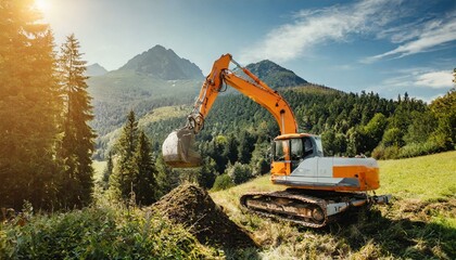 An orange excavator working in the nature beautiful sunny, industry technology - obrazy, fototapety, plakaty