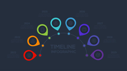 Timeline infographic with 8 elements, template for web, business, presentations. Template for web on a background.