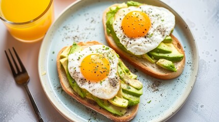 seasoning avocado toast on plate, toast at the bottom, avocado slices, side up eggs on top, sprinkled with black pepper, orange juice, good composition, photo for the restaurant menu