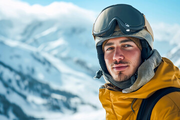 Fototapeta na wymiar Portrait of a man in a snowboard helmet and goggles in the winter mountains