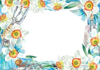 Daffodils frame. Snail, spray, butterfly, villas. Watercolor illustration isolated on white background. Greeting cards, invitations, banners, covers. - obrazy, fototapety, plakaty