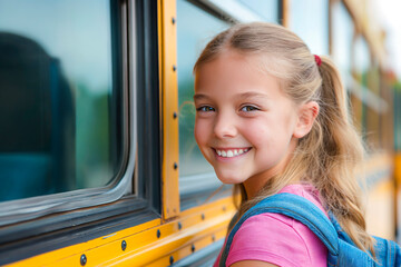 Portrait of a smiling elementary student girl smiling and ready to board school bus - obrazy, fototapety, plakaty