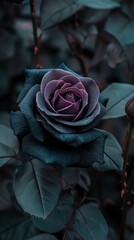 Black rose flower has light purple stamens, surrounded by lush green leaves, exquisite texture and silhouette, comfortable and mysterious