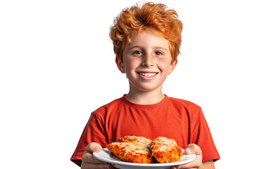 Youngster Grasps a Dish Featuring Chicken Parmesan isolated on transparent Background