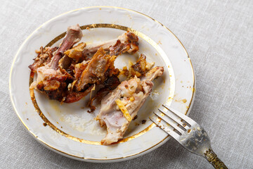 Chicken bones were left on the plate after eating