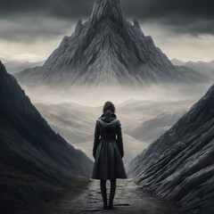 ai generated climbing picture, A woman standing at the foot of a mountain, mood photo with the statement that you can do anything, long journey, looking into the unknown. - obrazy, fototapety, plakaty