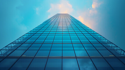 Fototapeta na wymiar Bottom up view of a glass skyscraper on blue sky background. Urban architecture concept