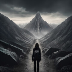 ai generated climbing picture, A woman with a backpack standing at the foot of the mountain, mood photo with the statement that you can do anything, long journey. - obrazy, fototapety, plakaty
