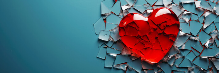 A shattered red heart against a stark blue background symbolizing heartbreak, broken relationship and emotional pain. Concept of lost love or betrayal.