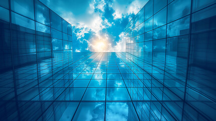 Bottom up view of a glass skyscrapers on blue sky background. Urban architecture concept