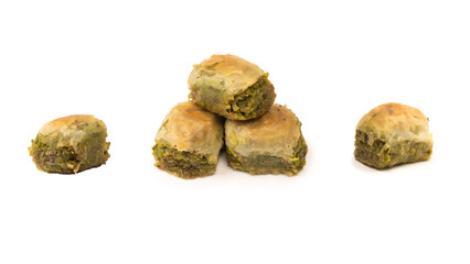 Turkish pistachio baklava isolated on white background.