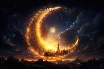 Obraz na płótnie Canvas Magical luminous crescent moon, the Muslim holiday of Ramadan