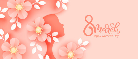 8 March. International Women's Day greeting card. Paper art beige, peachy flowers, leaves, woman silhouette.