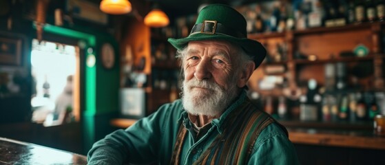 Portrait of a senior man dressed as a green leprechaun, embodying the St. Patrick's Day concept, in Irish pub