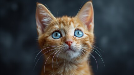 A small orange cute kitten with blue shiny eyes, Facing forward, sharp and focused expression, cinematic photography