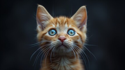 Obraz premium A small orange cute kitten with blue shiny eyes, Facing forward, sharp and focused expression, cinematic photography