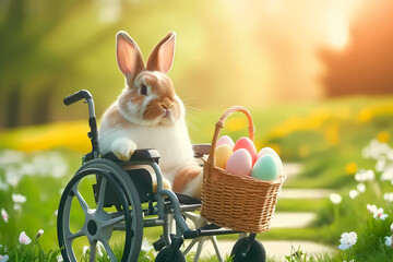 Easter bunny sitting on wheelchair delivering easter eggs, generative ai