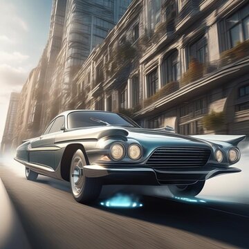 Futuristic car in oldtimer (fictional) style against the backdrop of bright fantastic city streets. Illustration by Generation AI.