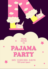 Pajama party poster invitation. Feet in unicorn slippers. Vector illustration