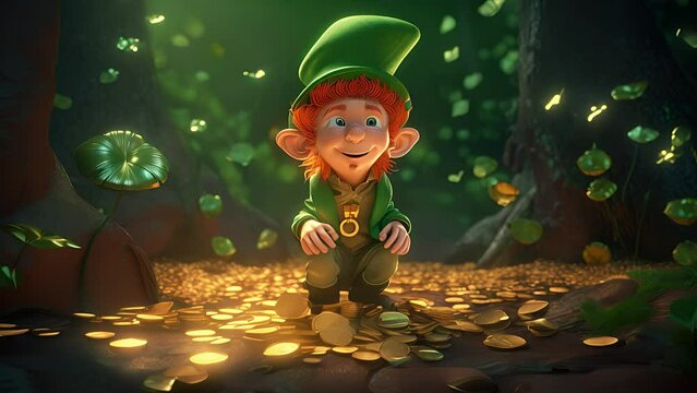 St. Patrick's Day, green clover, happy leprechaun with gold coins around him in the forest. Created with Generative AI.