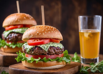 Delicious cheeseburger with fresh vegetables and juice on a dark background