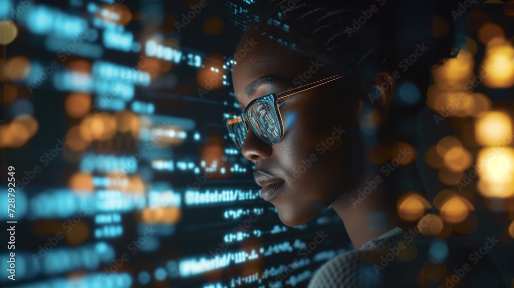 Wall mural futuristic software and hardware , coding hologram, serious concentrated attractive woman thinking a