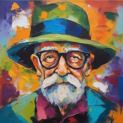 A portrait of an elderly man with a beard, with glasses and a hat. Oil painting style. Illustration by Generation AI.