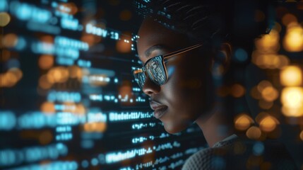 Futuristic software and hardware , coding hologram, serious concentrated attractive woman thinking about data analytics, digital technology. Programmer programming cybersecurity research and IT - obrazy, fototapety, plakaty