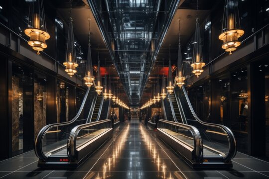 Futuristic Escalator Interior. Seamless Tech-minimalism For Intuitive User Experience