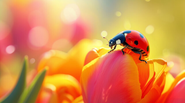 Ladybug on a tulip flower, spring background. - Powered by Adobe