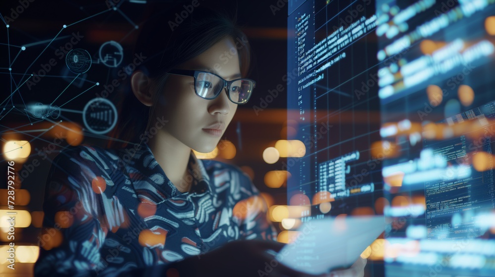 Wall mural futuristic software and hardware , coding hologram, serious concentrated attractive woman thinking a