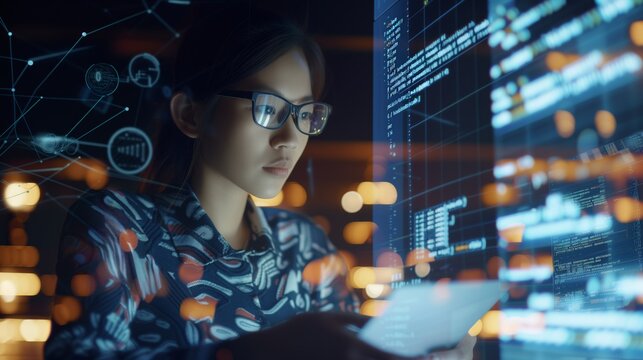 Futuristic software and hardware , coding hologram, serious concentrated attractive woman thinking about data analytics, digital technology. Programmer programming cybersecurity research and IT