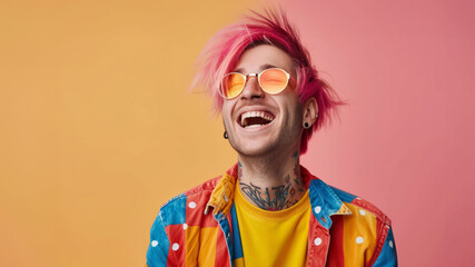 Happy young man with colored hair colorful clothes laughs. Cheerful young man smiling on colorful background. Smiling funny teen student, cool curly generation z teenager laughing - Powered by Adobe