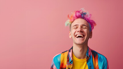 Happy young man with colored hair colorful clothes laughs. Cheerful young man smiling on colorful background. Smiling funny teen student, cool curly generation z teenager laughing - Powered by Adobe