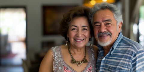 Happy smiling Hispanic senior couple looking at the camera