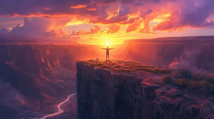 Foto op Canvas A lone traveler stands on the edge of an ancient cliff with his arms spread wide. The sun sets, turning the sky orange and purple. © Татьяна Креминская