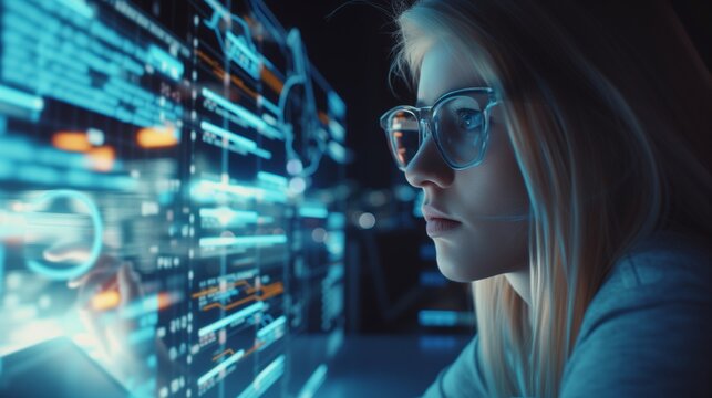 Futuristic software and hardware , coding hologram, serious concentrated attractive woman thinking about data analytics, digital technology. Programmer programming cybersecurity research and IT